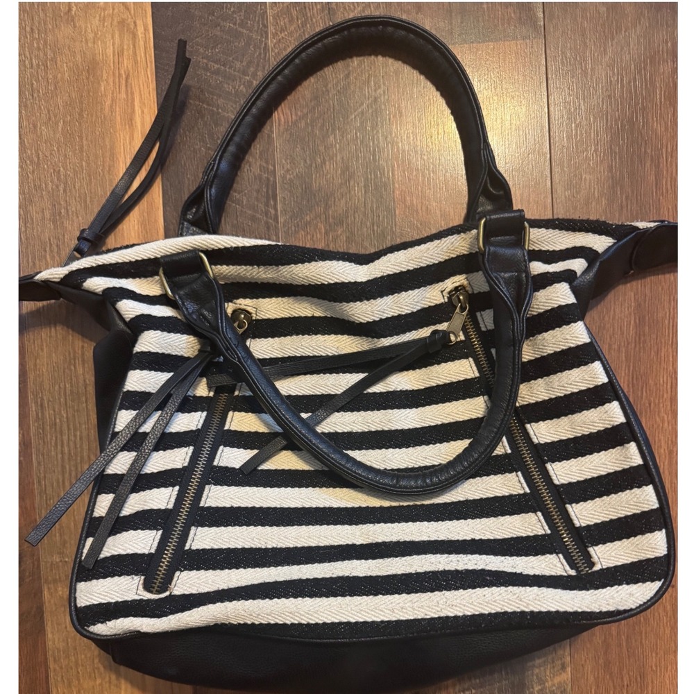 Joe‎ Boxer Black Ivory Stripes Tote  Bag Double Zipper Front Interior Pockets